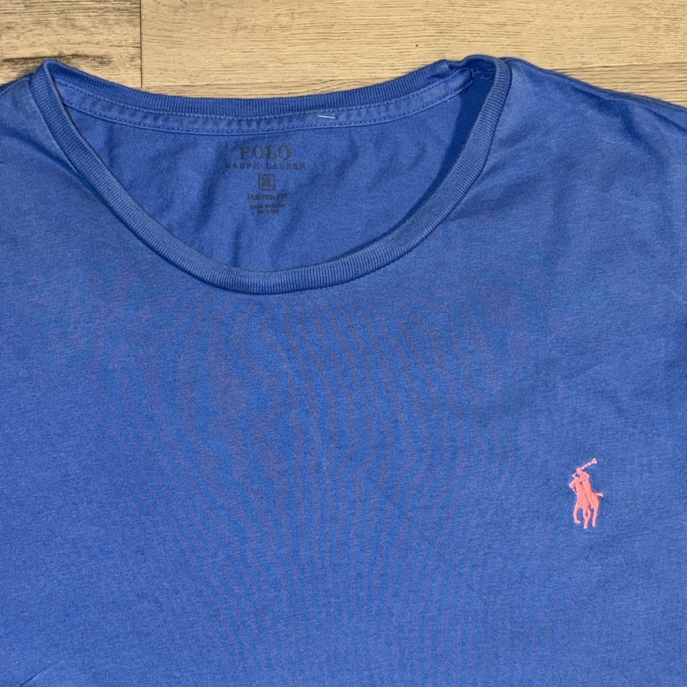 Polo Ralph Lauren Custom Fit T Shirt XL Blue Short Sleeve Pink Pony Tee Mens